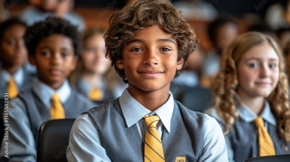 Aufkleber smiling student in a classroom setting with peers.