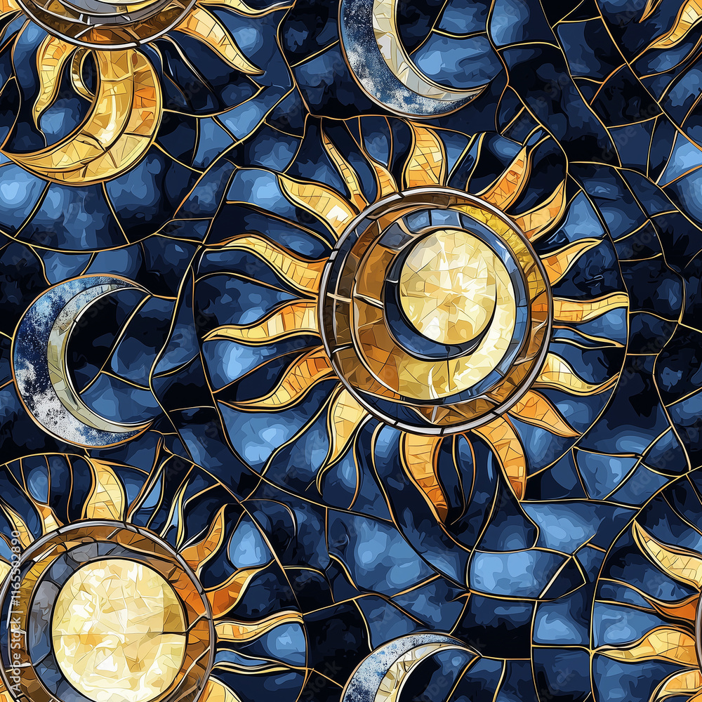 Poster stained glass, seamless pattern, vivid patterns of suns and moons on a dark blue background, creatin