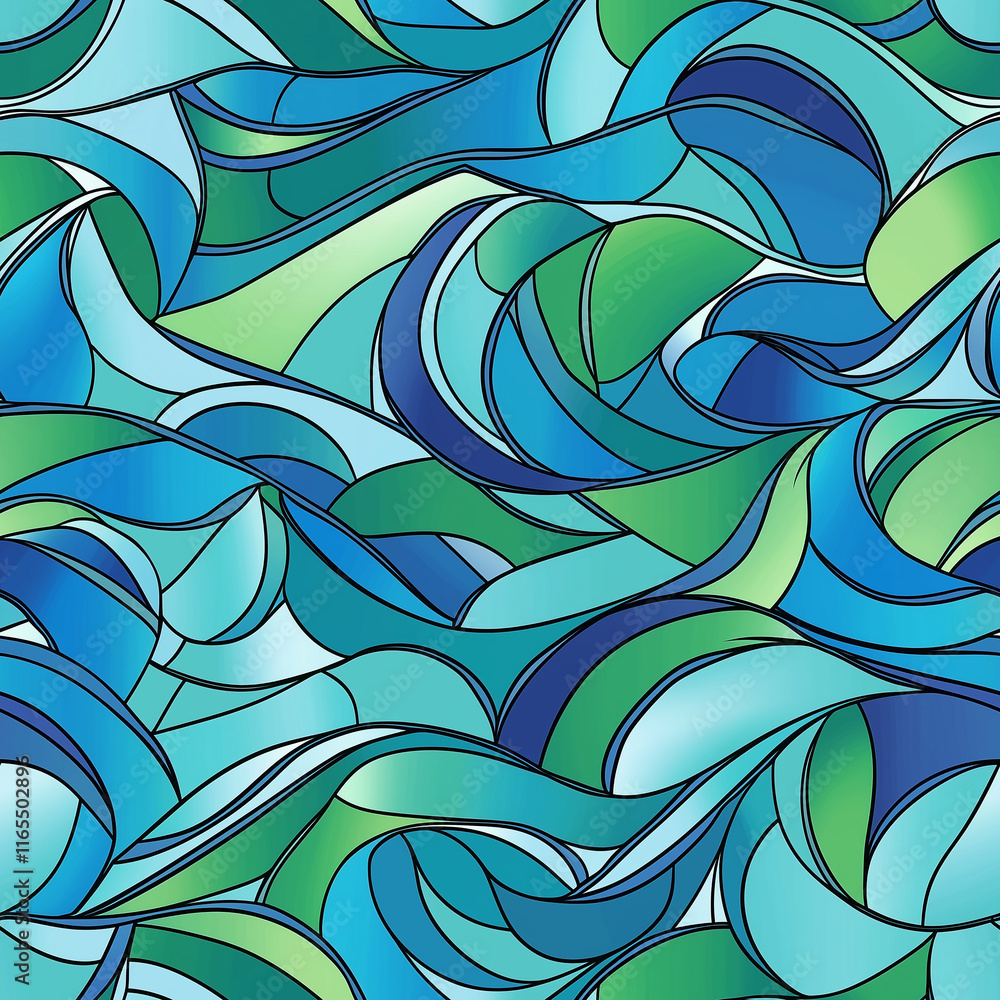 Poster stained glass, seamless pattern, colorful abstract waves in varying shades of blue and green create 