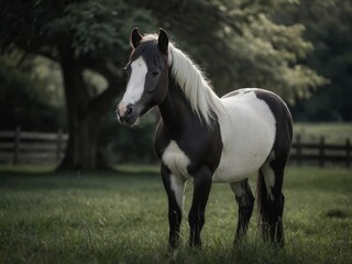 Obraz premium Majestic black and white horse standing peacefully in a lush green pasture during golden hour