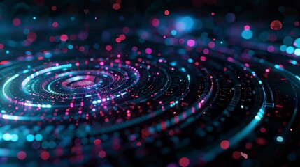 Glowing pink and blue concentric circles forming a digital vortex with blurred particles, ideal for technology or futuristic themed projects