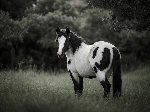 Majestic black and white horse standing gracefully in a lush green field during daytime