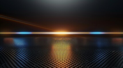 Metallic grid floor reflecting bright orange and blue horizon lights, creating a futuristic and technological atmosphere