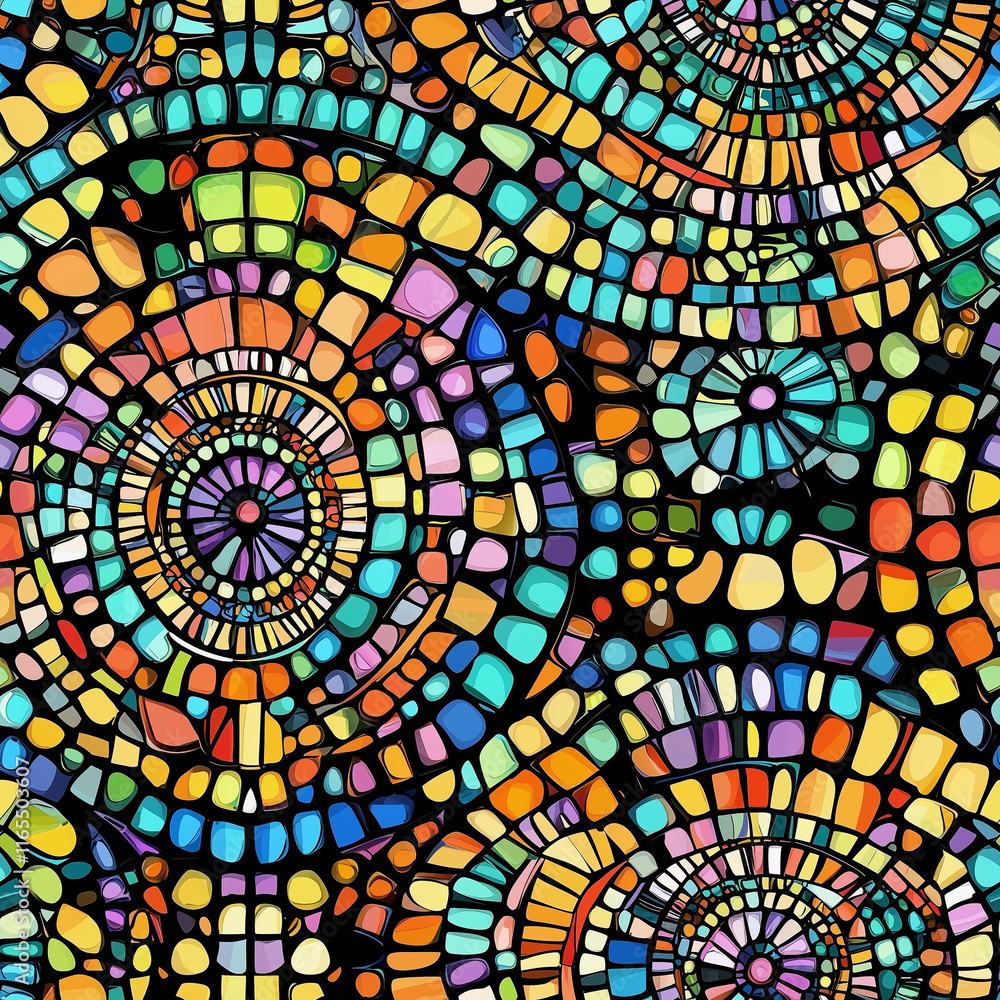Poster stained glass, seamless pattern, colorful abstract mosaic design featuring circular patterns and vib