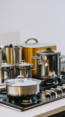 Sleek Stainless Steel Cookware Collection on a Modern Gas Stovetop. Perfect for Home Chefs and Restaurants. A Culinary Masterpiece