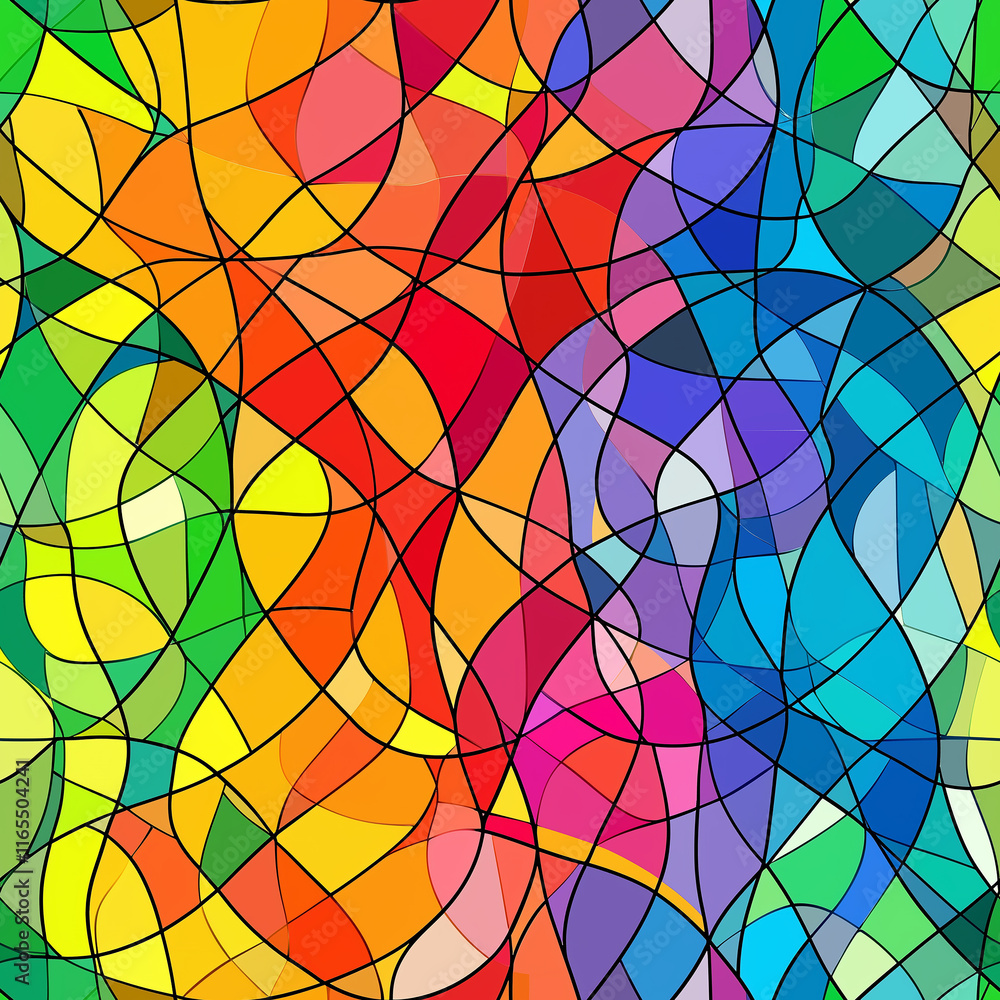 Poster stained glass, seamless pattern, colorful abstract pattern featuring interwoven shapes and vibrant h