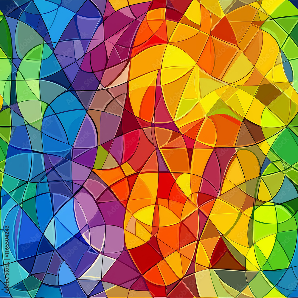 Poster stained glass, seamless pattern, colorful abstract design featuring vibrant shapes and curves in a m