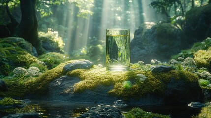 Glass of water on mossy rocks in a sunlit forest.