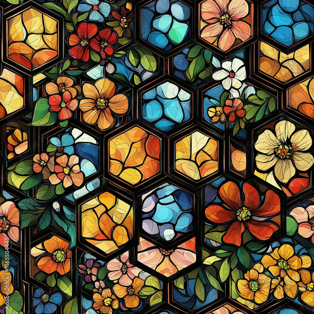 Poster stained glass, seamless pattern, a vibrant stained glass pattern featuring colorful flowers within h