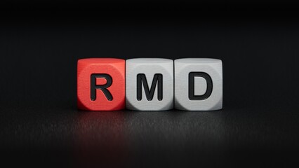 rmd, required, minimum, distribution. wooden table with cubes.close up of wooden elements,Business Concept.3D rendering on black background.