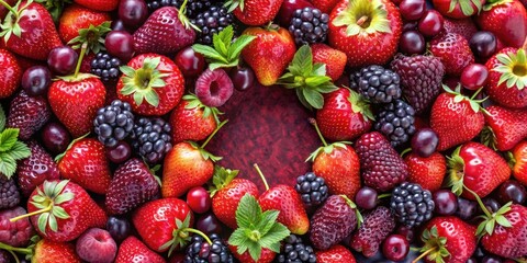 Fototapeta premium A vibrant display of fresh, ripe red and black berries, bursting with flavor and color, creating a delightful summery scene.
