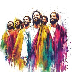 Fototapeta premium Vibrant Watercolor Painting of Jesus and His Disciples, radiating joy and unity.