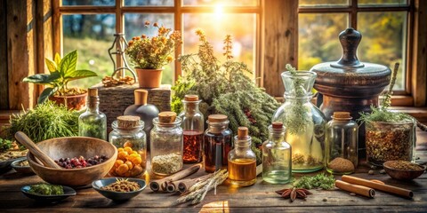 A Rustic Table Setting with a Collection of Glass Bottles Filled with Herbs and Spiced Powders, Enhancing the Charm of the Scene with a Gentle Glow of Sunlight Streaming Through a Window