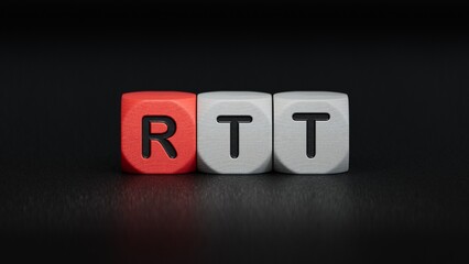 rtt sign on wooden cubes and magnifier.close up of wooden elements,Business Concept.3D rendering on black background.
