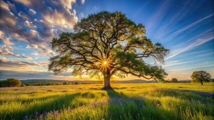 Fototapeta premium A solitary oak tree stands tall in a field of wildflowers, bathed in the golden light of a setting sun, its branches reaching towards the sky, casting long shadows across the green grass.