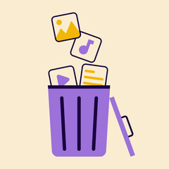An illustration of files being discarded into a purple trash bin, symbolizing file deletion or cleanup on a digital platform. Simple and modern design.