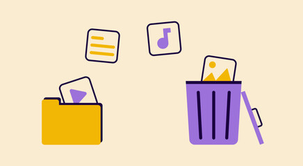 A creative visual of files being moved to a trash bin and a folder, illustrating file management and deletion. Suitable for productivity and tech themes.