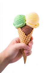 A hand holding a cone of ice cream with three different flavors