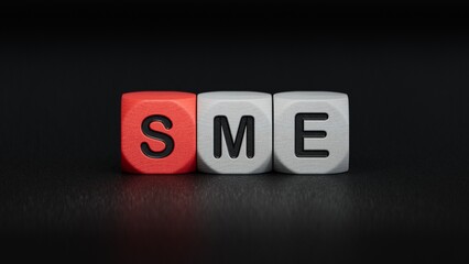 sme sign on wooden cubes concept, wooden cubes.close up of wooden elements,Business Concept.3D rendering on black background.