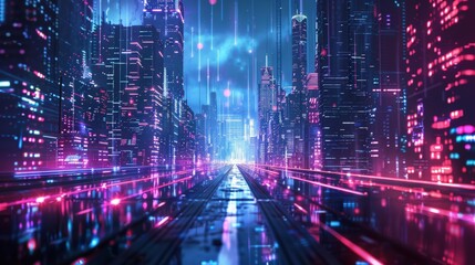 Wet street reflecting neon lights in futuristic cyberpunk city with digital rain falling from sky