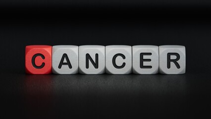 Text CANCER on wooden cubes. Square wood blocks. Top view, flat lay.close up of wooden elements,Business Concept.3D rendering on black background.