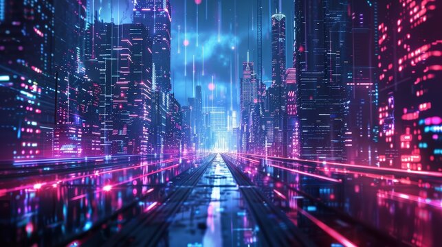 Wet street reflecting neon lights in futuristic cyberpunk city with digital rain falling from sky