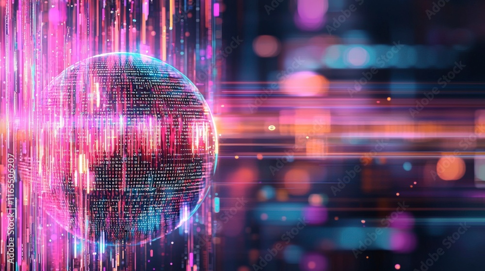 Poster digital globe with vibrant neon lights and binary code, representing technology and innovation in a 