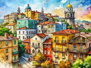 Obraz premium Architectural Sketches: Cityscape Buildings, Watercolor Cartoon