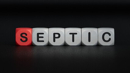 Text septic on wooden cubes. Square wood blocks. Top view, flat lay.close up of wooden elements,Business Concept.3D rendering on black background.