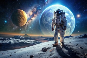 Obraz premium Astronaut on Moon Panoramic Space Landscape AI Photo