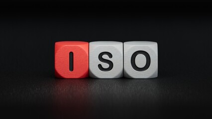 The abbreviation ISO on wooden cubes with check mark. ISO quality control certification approval concept.close up of wooden elements.3D rendering on black background.