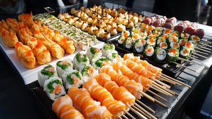 A vibrant street food stall at an Asian cultural celebration festival with an assortment of traditional dishes, including dumplings, skewers, and spring rolls, all beautifully arranged with 