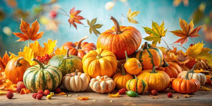A vibrant autumn harvest display featuring a variety of pumpkins, gourds, and colorful leaves on a rustic wooden surface.