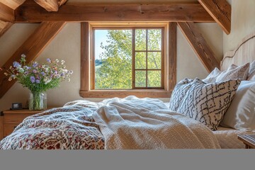Cozy, rustic cottage bedroom filled with soft natural light streaming through a large window, featuring wooden beams, a plush bed with patterned blankets, and a vase of wildflowers on the nightstand.