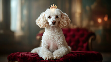 Loyal dog puppy with crown luxurious setting portrait photography elegant environment adoring viewpoint