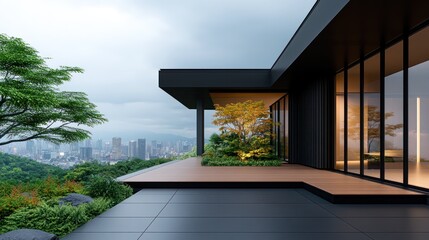 Modern architectural design with a scenic urban view.