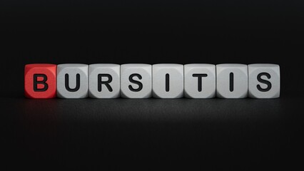 The word BURSITIS is written on wooden cubes. Medical concept.close up of wooden elements,Business Concept.3D rendering on black background.