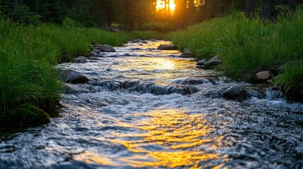 Golden sunset over a tranquil mountain stream.