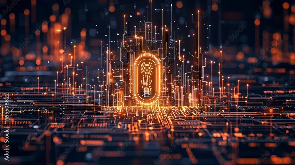 Poster abstract digital design featuring glowing orange elements and intricate circuitry, symbolizing techn