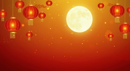 Mid-Autumn Festival: Red Lanterns and Full Moon. A warm and inviting scene perfect for Mid-Autumn Festival celebrations.