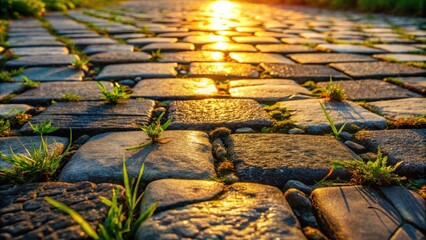 Obraz premium A cobblestone pathway bathed in the warm glow of the setting sun, with vibrant green shoots pushing through the cracks, creating a natural tapestry of life and resilience.
