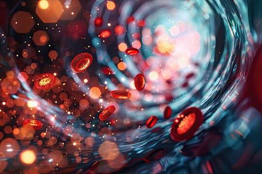 Red blood cells and white blood cells in a blood vessel
