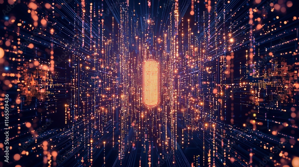 Poster abstract digital background with glowing particles and lines, creating a sense of depth and movement