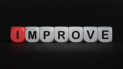 The word IMPROVE is made of wooden cubes.close up of wooden elements,Business Concept.3D rendering on black background.