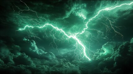Green lightning striking through dark stormy clouds.