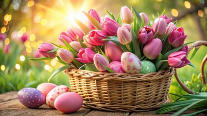 Obraz premium A wicker basket overflowing with pink tulips and colorful Easter eggs, bathed in the warm glow of a setting sun.