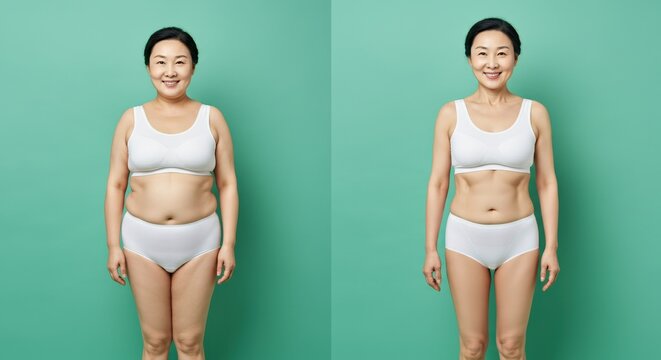 Asian woman weight loss transformation for health and fitness motivation