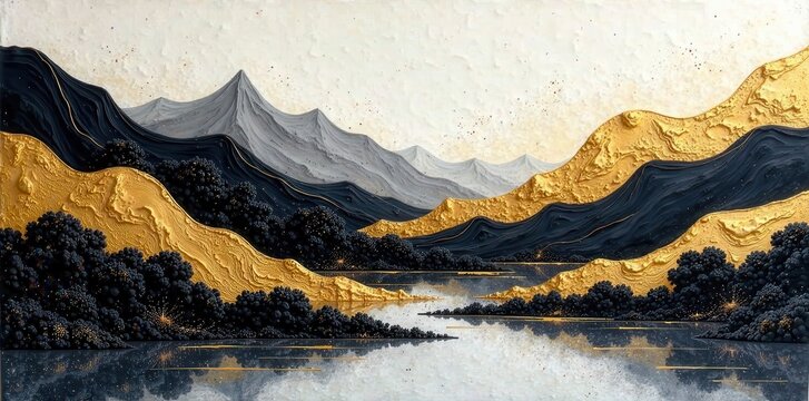 Serene landscape painting with golden and gray mountains reflecting in a calm lake, showcasing textured hills and dark foliage
