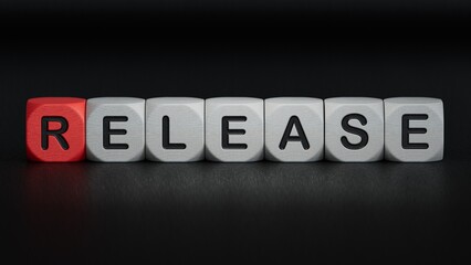 The word release written on wood cubes. Business and finance concept.close up of wooden elements,Business Concept.3D rendering on black background.
