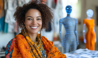 A fashion designer and an AI companion generating innovative clothing designs, with digital fabric patterns and 3D avatar models